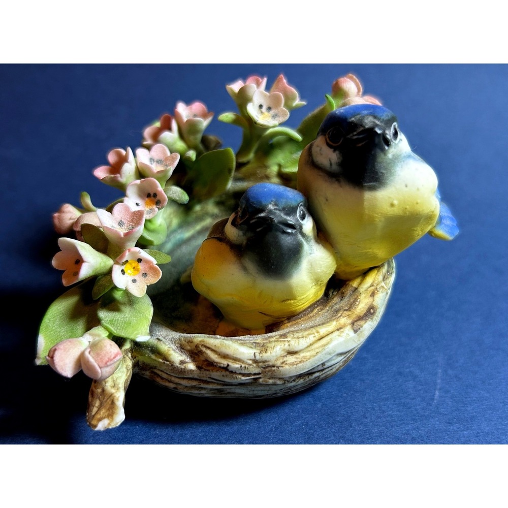 Vintage Capodimonte Porcelain Blue Birds in Nest Figurine Pink Flowers Decor